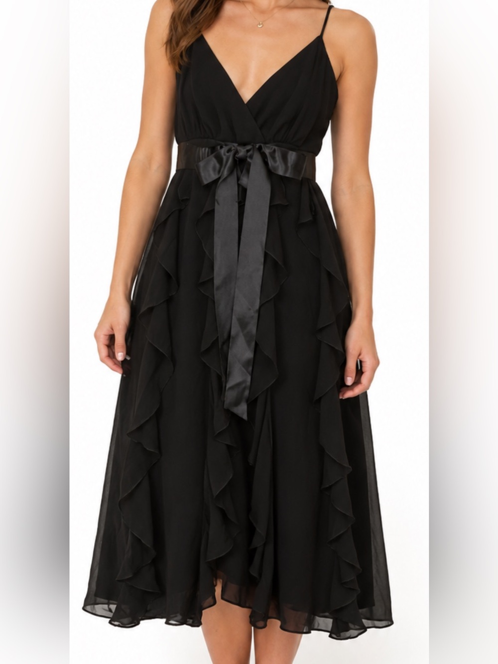 Scarlett Black Ruffle Midi Dress with Satin Waist Tie 6